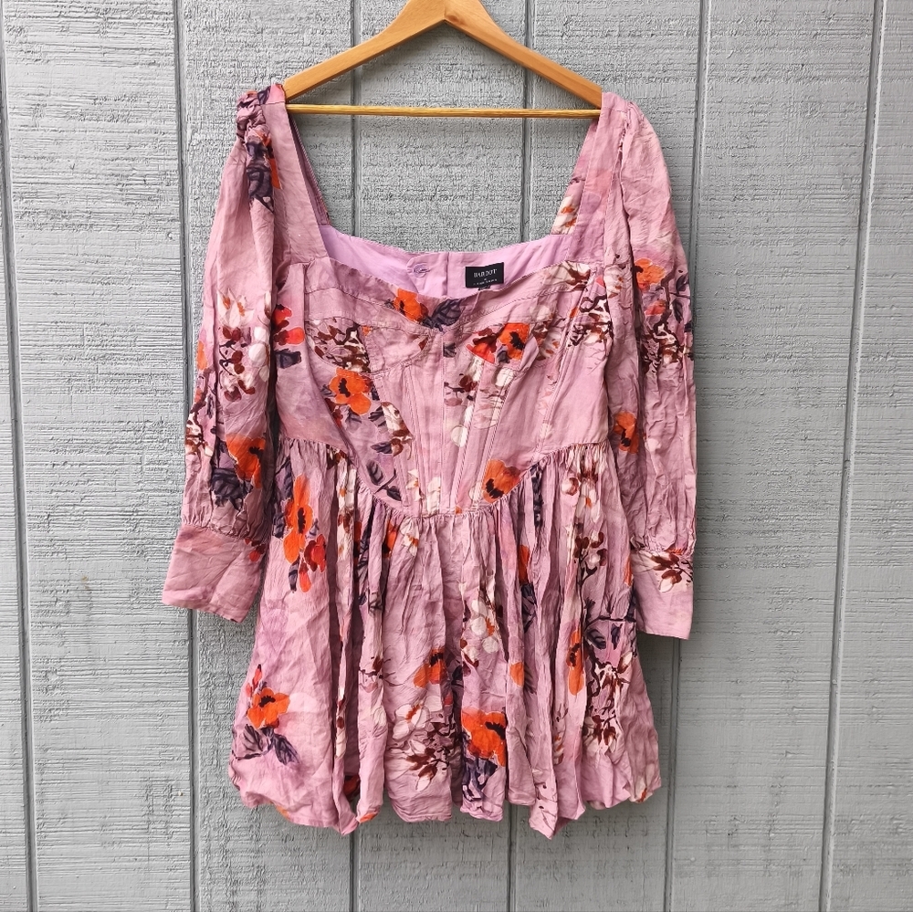 RARE Bardot Lila Linen Corset Puff Sleeve Floral Mini Dress sz 12 Mauve Milkmaid - Picture 3 of 16